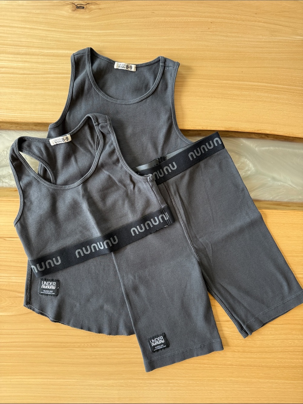 nununu Charcoal Ribbed Sports Bra, Tank & Bike Shorts Set